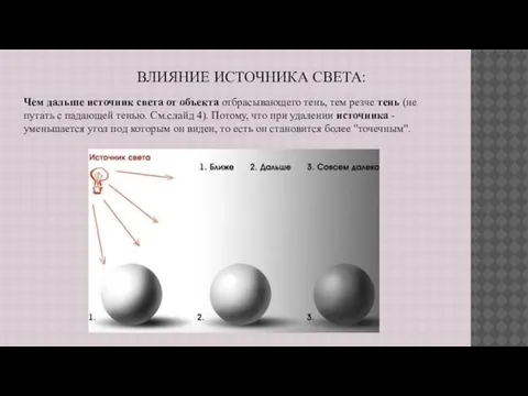 ВЛИЯНИЕ ИСТОЧНИКА СВЕТА: Чем дальше источник света от объекта отбрасывающего тень,