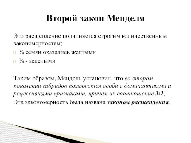 Это расщепление подчиняется строгим количественным закономерностям: ¾ семян оказались желтыми ¼