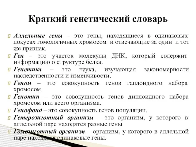 Аллельные гены – это гены, находящиеся в одинаковых локусах гомологичных хромосом