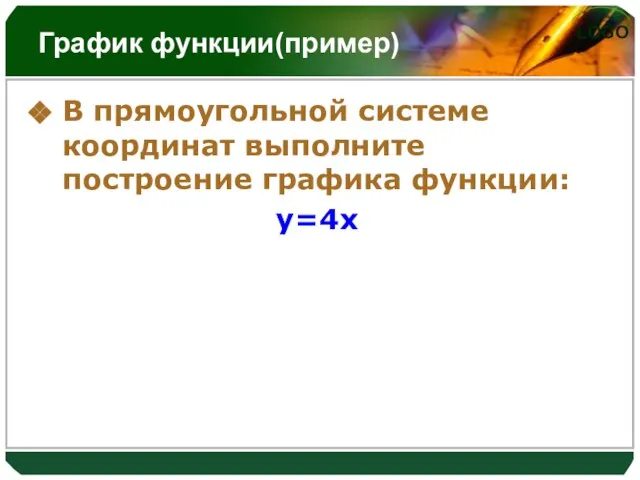 График функции(пример) В прямоугольной системе координат выполните построение графика функции: y=4x