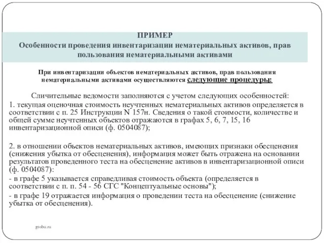 ПРИМЕР Особенности проведения инвентаризации нематериальных активов, прав пользования нематериальными активами gosbu.ru