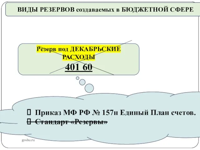 gosbu.ru ВИДЫ РЕЗЕРВОВ создаваемых в БЮДЖЕТНОЙ СФЕРЕ Резерв под ДЕКАБРЬСКИЕ РАСХОДЫ