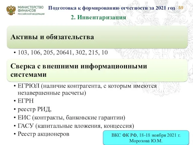 Подготовка к формированию отчетности за 2021 год 2. Инвентаризация ВКС ФК