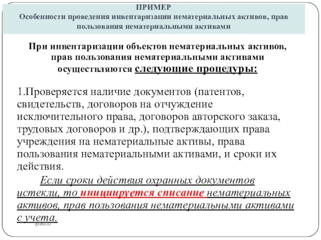 ПРИМЕР Особенности проведения инвентаризации нематериальных активов, прав пользования нематериальными активами gosbu.ru