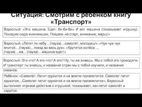 Ситуация: Смотрим с ребенком книгу «Транспорт» Взрослый: «Это машина. Едет: би-би-би»