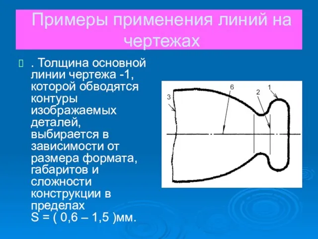 Примеры применения линий на чертежах . Толщина основной линии чертежа -1,