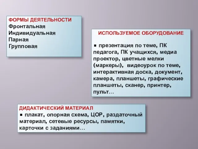 ФОРМЫ ДЕЯТЕЛЬНОСТИ Фронтальная Индивидуальная Парная Групповая ИСПОЛЬЗУЕМОЕ ОБОРУДОВАНИЕ • презентация по