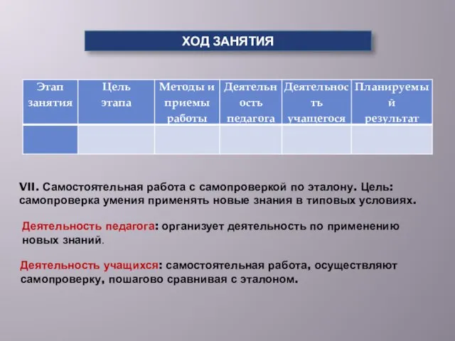 VII. Самостоятельная работа с самопроверкой по эталону. Цель: самопроверка умения применять