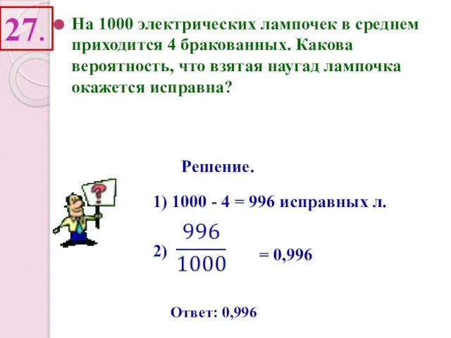 27. На 1000 электрических лампочек в среднем приходится 4 бракованных. Какова