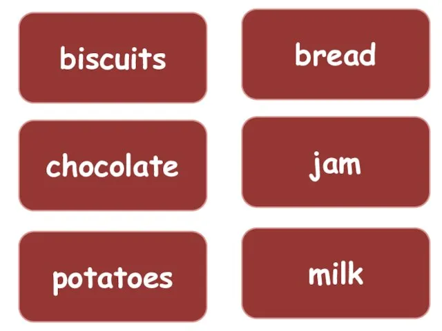 biscuits chocolate potatoes bread jam milk