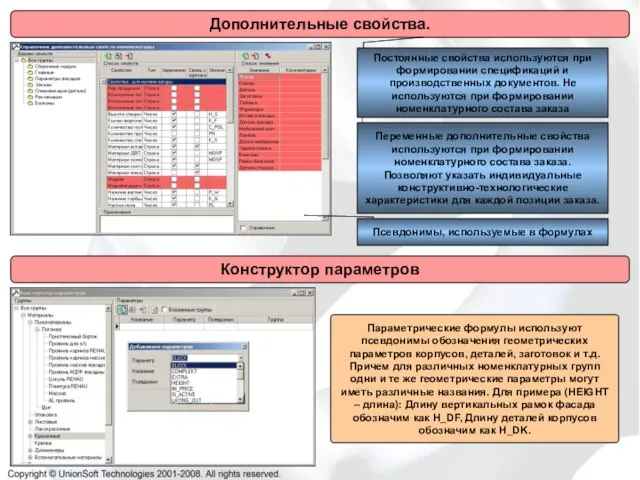 Дополнительные свойства. Конструктор параметров Переменные дополнительные свойства используются при формировании номенклатурного