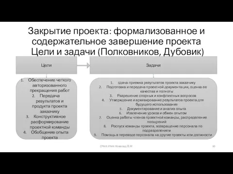 Закрытие проекта: формализованное и содержательное завершение проекта Цели и задачи (Полковников,