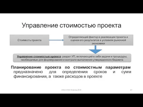 Управление стоимостью проекта Планирование проекта по стоимостным параметрам предназначено для определения