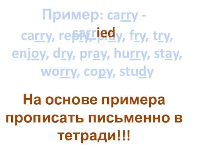 carry, reply, play, fry, try, enjoy, dry, pray, hurry, stay, worry,