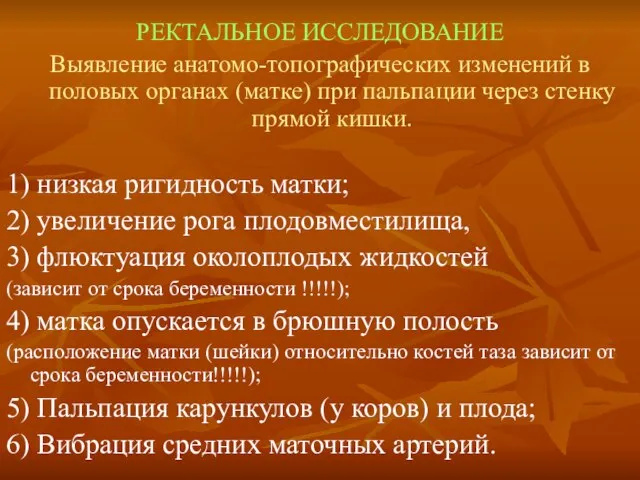 РЕКТАЛЬНОЕ ИССЛЕДОВАНИЕ Выявление анатомо-топографических изменений в половых органах (матке) при пальпации