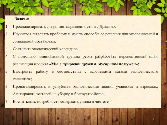 Задачи: Проанализировать ситуацию загрязненности в с.Дракино; Научиться выделять проблему и искать