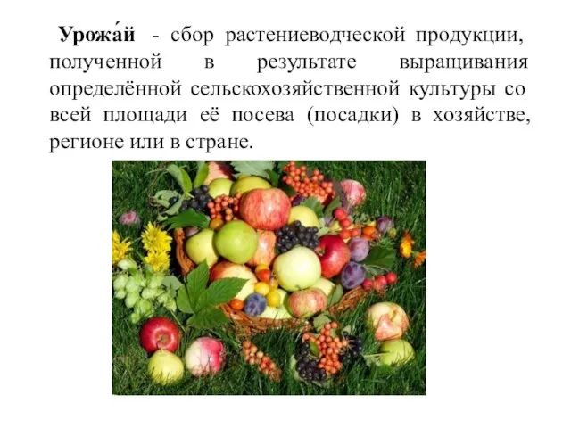 Урожа́й - сбор растениеводческой продукции, полученной в результате выращивания определённой сельскохозяйственной