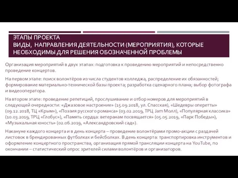 ЭТАПЫ ПРОЕКТА ВИДЫ, НАПРАВЛЕНИЯ ДЕЯТЕЛЬНОСТИ (МЕРОПРИЯТИЯ), КОТОРЫЕ НЕОБХОДИМЫ ДЛЯ РЕШЕНИЯ ОБОЗНАЧЕННОЙ