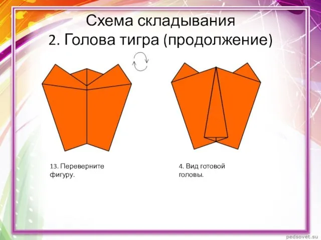 Схема складывания 2. Голова тигра (продолжение) 13. Переверните фигуру. 4. Вид готовой головы.