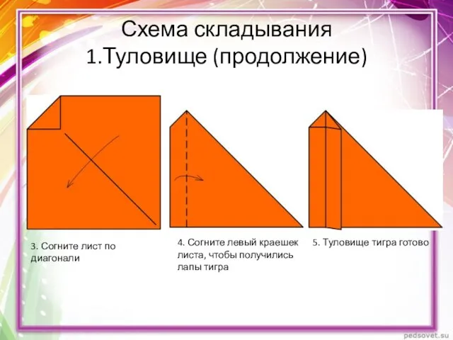 Схема складывания 1.Туловище (продолжение) 4. Согните левый краешек листа, чтобы получились