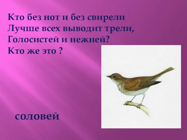 Кто без нот и без свирели Лучше всех выводит трели, Голосистей