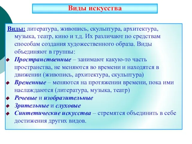 Виды: литература, живопись, скульптура, архитектура, музыка, театр, кино и т.д. Их