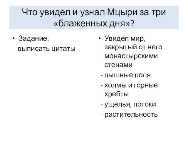 Что увидел и узнал Мцыри за три «блаженных дня»? Задание: выписать