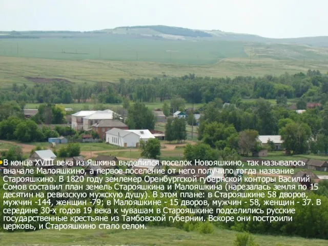В конце XVIII века из Яшкина выделился поселок Новояшкино, так называлось