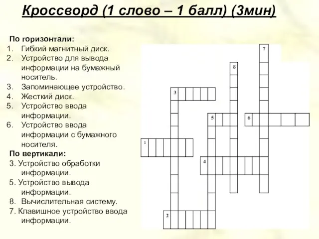 Кроссворд (1 слово – 1 балл) (3мин) По горизонтали: Гибкий магнитный