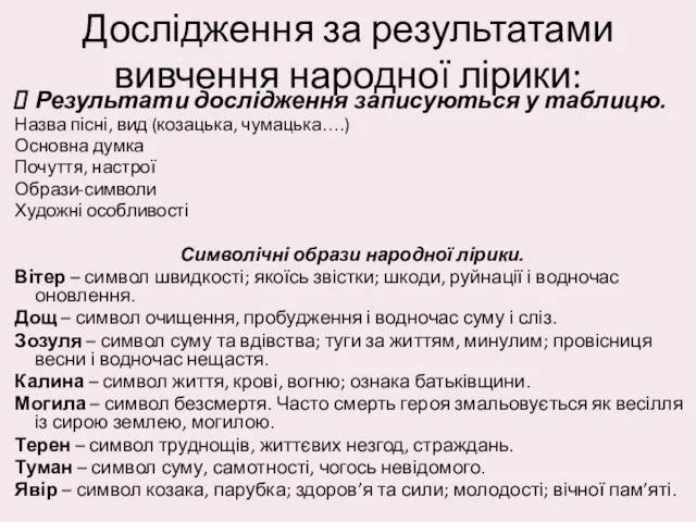 Дослідження за результатами вивчення народної лірики: Результати дослідження записуються у таблицю.