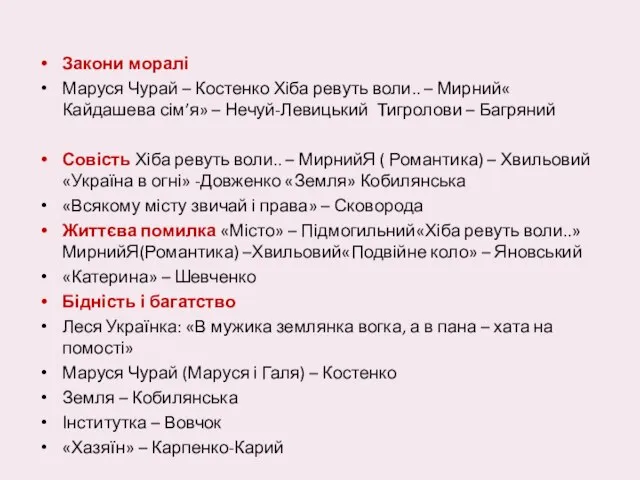 Закони моралі Маруся Чурай – Костенко Хіба ревуть воли.. – Мирний«