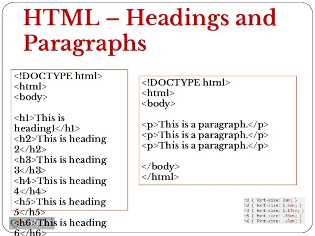 HTML – Headings and Paragraphs This is heading1 This is heading