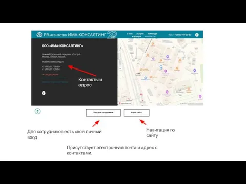 Присутствует электронная почта и адрес с контактами. Для сотрудников есть свой