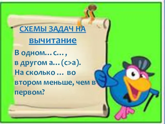 СХЕМЫ ЗАДАЧ НА вычитание В одном…с…, в другом а…(с>а). На сколько