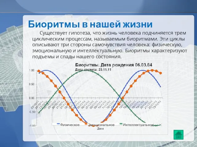 Биоритмы в нашей жизни Существует гипотеза, что жизнь человека подчиняется трем