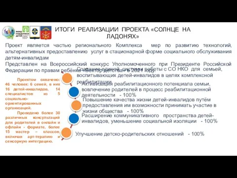 ИТОГИ РЕАЛИЗАЦИИ ПРОЕКТА Проектом охвачено: 46 человек: 6 семей, в них