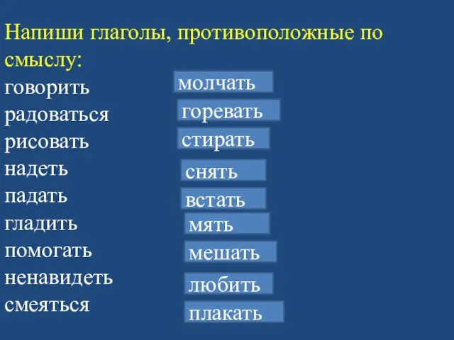 Напиши глаголы, противоположные по смыслу: говорить радоваться рисовать надеть падать гладить