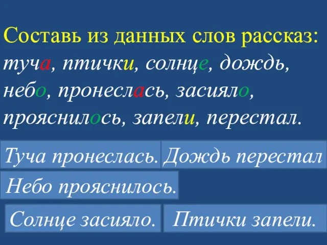 Составь из данных слов рассказ: туча, птички, солнце, дождь, небо, пронеслась,