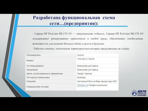 Разработана функциональная схема сети…(предприятия): - Сервер HP ProLiant ML370 G5 —