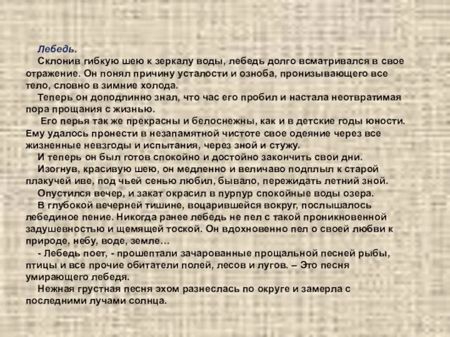 Лебедь. Склонив гибкую шею к зеркалу воды, лебедь долго всматривался в