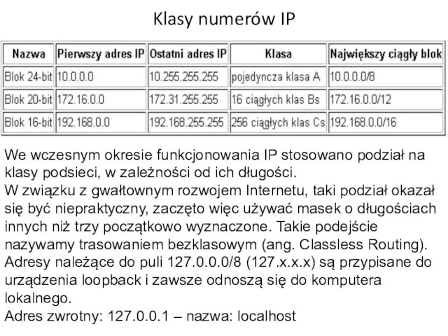 Klasy numerów IP We wczesnym okresie funkcjonowania IP stosowano podział na