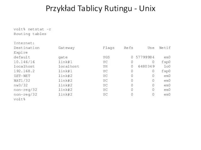 Przykład Tablicy Rutingu - Unix volt% netstat -r Routing tables Internet: