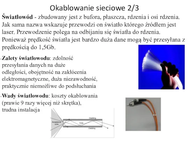 Okablowanie sieciowe 2/3 Światłowód - zbudowany jest z bufora, płaszcza, rdzenia