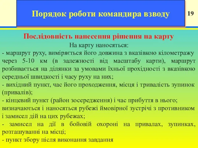 19 19 Порядок роботи командира взводу Послідовність нанесення рішення на карту