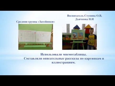 Средняя группа «Затейники» Воспитатель Ступина О.В, Дьячкова Н.И Использовали мнемотаблицы. Составляли