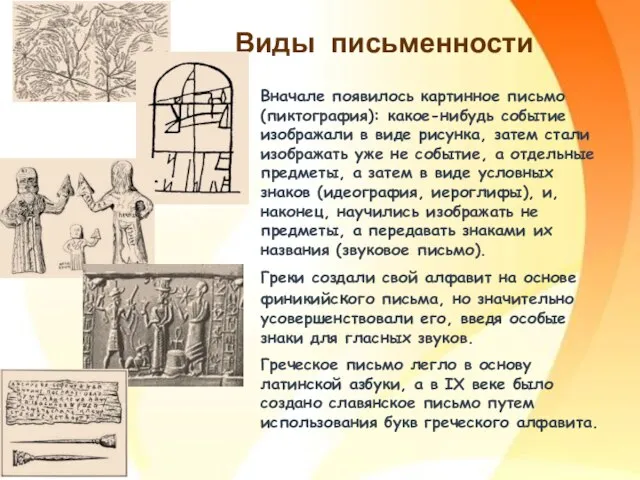 Виды письменности Вначале появилось картинное письмо (пиктография): какое-нибудь событие изображали в