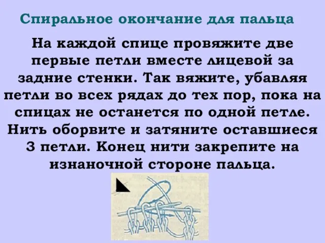 Спиральное окончание для пальца На каждой спице провяжите две первые петли