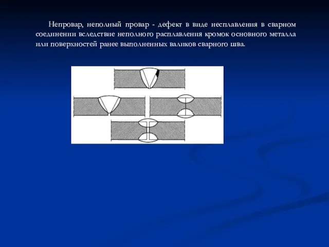 Непровар, неполный провар - дефект в виде несплавления в сварном соединении