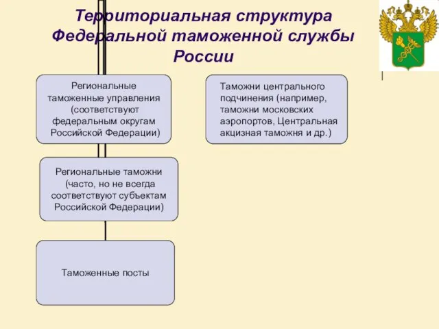 Территориальная структура Федеральной таможенной службы России Таможни центрального подчинения (например, таможни