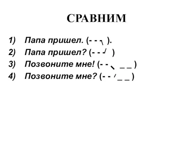 СРАВНИМ Папа пришел. (- - - ). Папа пришел? (- -